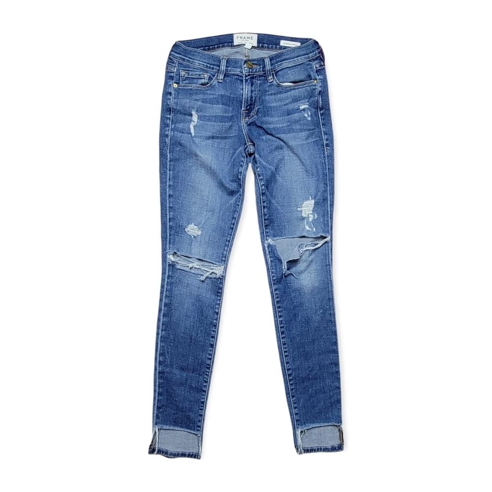Frame Le Skinny De Jeanne Distressed Skinny Jean in Jewell Size 25